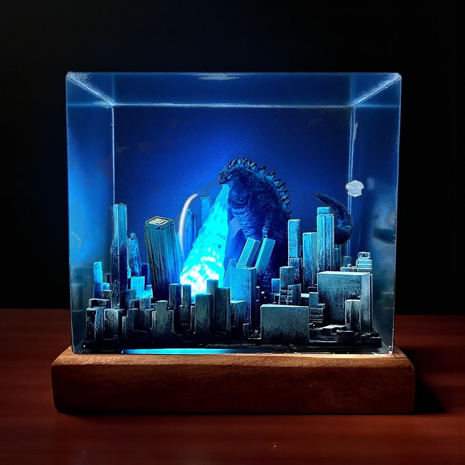 Handmade Resin & Wood Lamp: Light-up City Diorama With Monster
