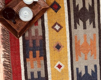 Handwoven Wool Jute Kilim Rug, Boho Geometric Area Rug, Custom Size