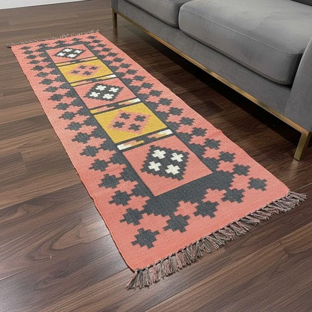 Salmon Coral Peruvian Rug - Handmade Vintage Kilim Motif Runner -indian ...