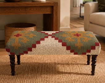 Boho Entryway Bench: Kilim Upholstered Ottoman Seat, Rustic Farmhouse Bedroom Furniture