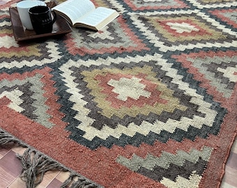 Handwoven Wool Jute Kilim Rug, Traditional Indian Design