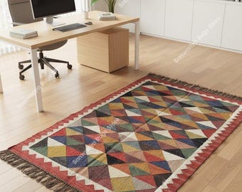 Handwoven Wool Jute Kilim Rug: Geometric Boho Decor