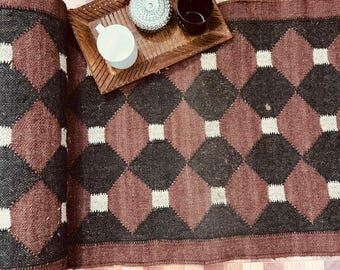 Handgeweven wollen jute loper | Geometrische kelimstijl