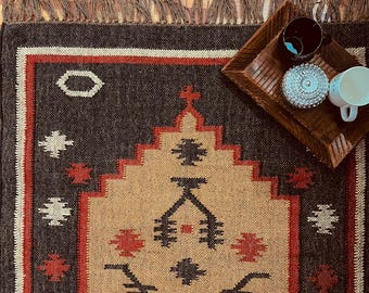 Handwoven Wool Jute Kilim Rug, Geometric Dhurrie Design