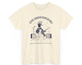 Camiseta unisex con lobo estrella de rock canadiense / Ilustración de lobo tocando la guitarra / Divertida camiseta con humor canadiense