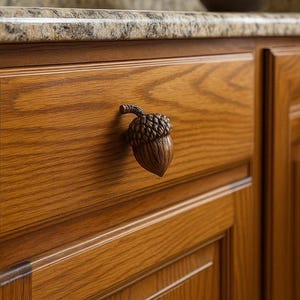 May include: Close-up of a bronze acorn-shaped cabinet knob. The knob is attached to a wooden cabinet door with a warm, natural wood grain. The acorn design adds a rustic touch to the kitchen or bathroom.