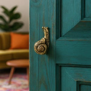 May include: A brass snail-shaped door handle mounted on a teal wooden door. The handle is detailed with a spiral shell design and is positioned vertically. The door has a rustic, weathered appearance.