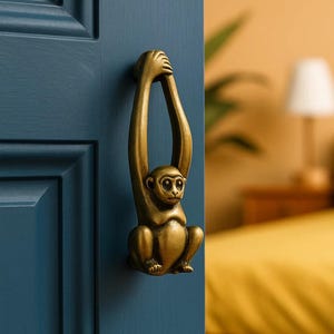 Puede incluir: Un llamador de puerta de mono de latón está montado en una puerta azul. El mono está sentado con los brazos levantados, formando el asa. El llamador añade un elemento decorativo único a la entrada.
