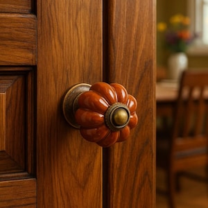 May include: A wooden door with a decorative, pumpkin-shaped door knob. The knob is a warm orange colour with a brass base, set against the rich brown wood grain of the door. The door is partially open.
