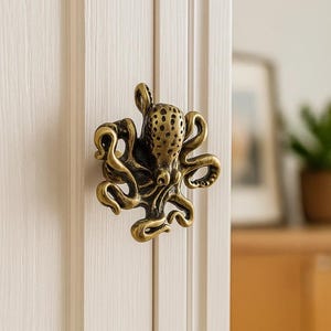 May include: A bronze octopus cabinet knob fixed to a white panelled door. The octopus design has detailed tentacles and a textured head. This decorative hardware adds a nautical touch to furniture.