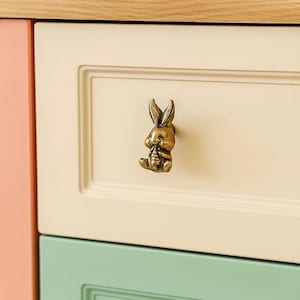 May include: A brass bunny-shaped drawer pull is mounted on a cream-colored cabinet door. The cabinet has a light wood top and is part of a multi-colored cabinet set with peach and mint green doors.