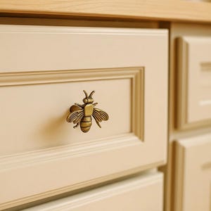 May include: A close-up of a cream-colored cabinet door with a decorative brass bee-shaped knob. The bee knob is centered on the door, and the cabinet has a light wood countertop. The cabinet door has a recessed panel design.