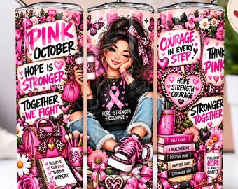 Pink October Breast Cancer Awareness 20oz Tumbler Wrap PNG, Pink Ribbon Leopard Sublimation Design, Hope Strength Courage Digital Download