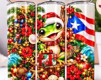 Puerto Rico Christmas Coqui Frog 20oz Tumbler Wrap PNG, Cute Santa Frog Sublimation Design, Boricua Tropical Holiday Digital Download