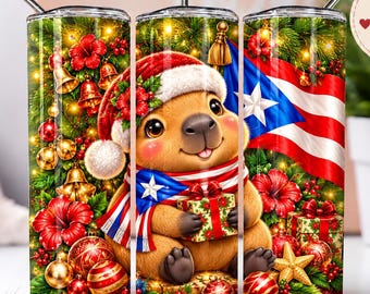 Puerto Rico Christmas Capybara 20oz Tumbler Wrap PNG, Cute Tropical Santa Capybara Sublimation Design, Puerto Rican Holiday Digital Download