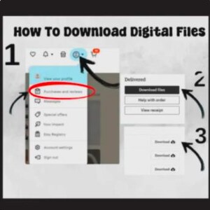 May include: An instructional graphic titled How To Download Digital Files showing three steps. Step 1 highlights the profile icon and Purchases and reviews menu. Step 2 shows the Download Files button. Step 3 displays individual download buttons.