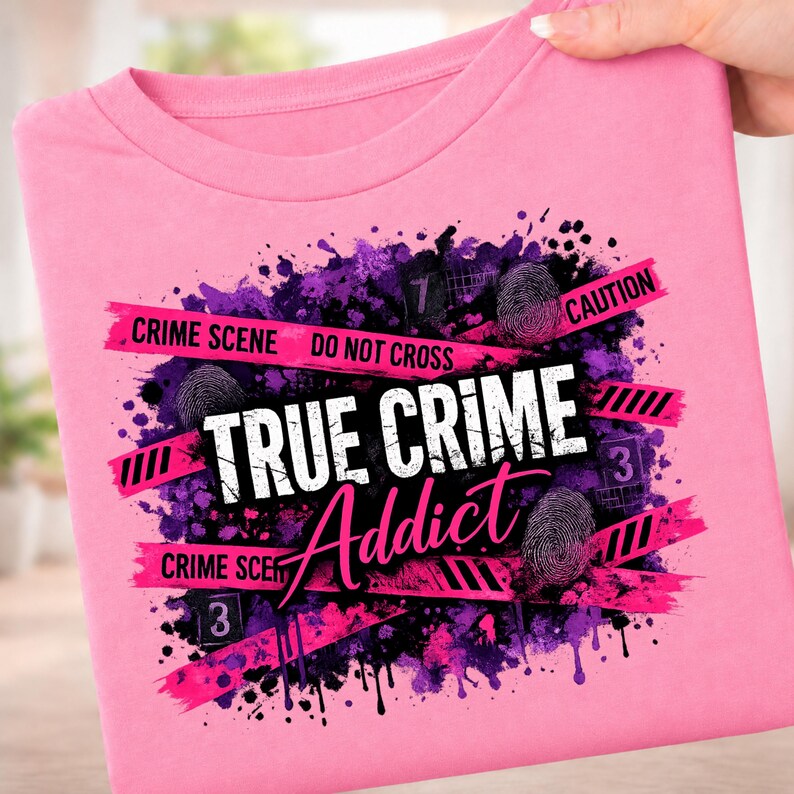 May include: A bright pink t-shirt featuring a graphic design with purple paint splatters, black fingerprint icons, and pink caution tape strips. The text reads "CRIME SCENE DO NOT CROSS" and "TRUE CRIME Addict" in bold white and black lettering.