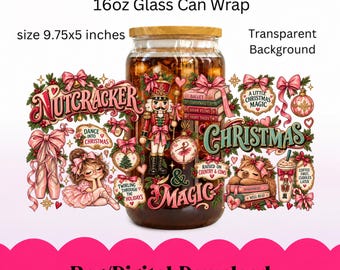 Puede incluir: Un diseño para vaso de 16oz con temática de Cascanueces, lazos rosas, zapatillas de ballet, un soldado, libros y texto que incluye Nutcracker, Christmas y Magic. El diseño mide 9,75x5 pulgadas y es una descarga digital.
