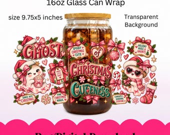 Puede incluir: Un diseño de envoltura para vaso de 16oz con fantasmas, adornos navideños, lazos y regalos en tonos rosa y rojo. El texto incluye Ghost, Spooky Christmas Cutie, Christmas Cuteness, Dance into Christmas, Pink Christmas Magic y Holiday Hugs & Haunts.