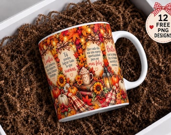 Puede incluir: Una taza de cerámica blanca con un diseño otoñal vibrante que incluye calabazas, girasoles, hojas de otoño, una linterna y libros. La taza muestra textos en español como Confia, Tu puedes lograr todo lo que suenas y Brilla con tu propia luz.
