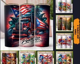 May include: A set of eight cylindrical tumblers with metal straws, featuring vibrant digital prints of Puerto Rican flags, semi-trucks, tropical landscapes, musical instruments, and the text Puerto Rico Strong in various artistic styles.