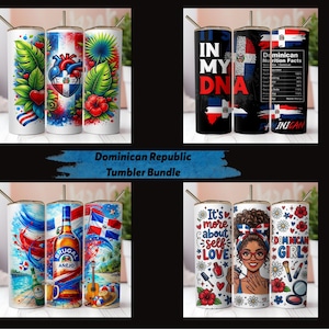 Op de afbeelding: Een bundel Dominican Republic-bekers met diverse ontwerpen. Eén set toont de Dominicaanse vlag, een hart en tropische bladeren. Een andere toont "In My DNA" en voedingsfeiten. Andere bekers tonen een fles Brugal Añejo en een vrouw met de tekst "Dominican Girl."