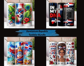 May include: A bundle of Dominican Republic tumblers with various designs. One set features the Dominican flag, a heart, and tropical leaves. Another displays "In My DNA" and nutrition facts. Other tumblers show a bottle of Brugal Añejo and a woman with the text "Dominican Girl."