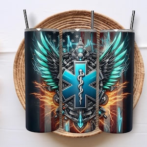 May include: Three stainless steel tumblers with black straws. Each tumbler features a design with a blue Star of Life emblem, wings, and an American flag background. The design incorporates lightning and a heartbeat line.