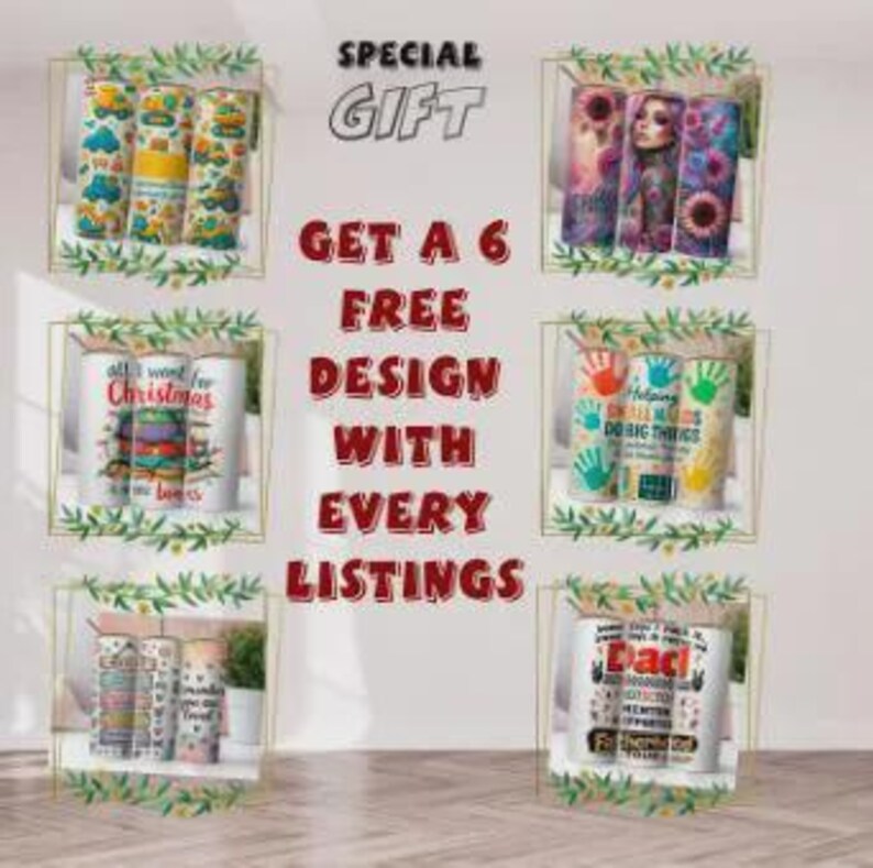May include: Six sets of three cylindrical tumblers featuring various graphic prints including construction vehicles, floral patterns, holiday themes, colorful handprints with text, and typography designs with the text SPECIAL GIFT GET A 6 FREE DESIGN WITH EVERY LISTINGS.