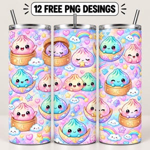 May include: Three cylindrical tumblers with metal straws featuring a repeating pattern of pastel-coloured dumplings, rainbows, stars, clouds, and hearts. The text 12 FREE PNG DESINGS is displayed at the top. The design uses a soft, multi-coloured palette.