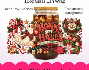Puede incluir: Un diseño digital para vaso de 473 ml que mide 24,77x12,7 cm con una oca, bastón de caramelo, corona y regalo, con el texto Honk The Halls Officially On The Naughty List en colores navideños rojo y verde.