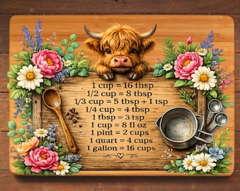 Tabla de conversión de medidas de cocina Highland Cow, decoración de cocina rústica, guía de medidas de cocina, regalo para panaderos