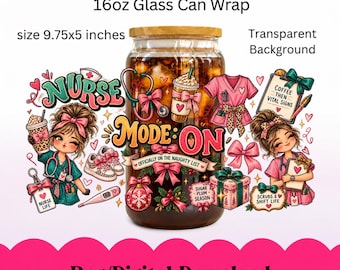 Puede incluir: Un diseño de envoltura para vaso de 16oz que mide 24,77x12,7 cm con temática de enfermería y el texto Nurse Mode On, Officially on the Naughty List, Coffee Then Vital Signs, Scrubs & Shift Life, Nurse Life y Sugar Plum Season.