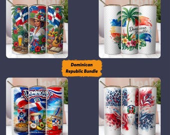 20oz Skinny Tumbler Wrap Bundle PNG, Dominican Flag Tumbler Design, Caribbean Sublimation Download