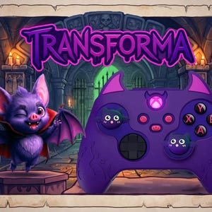 May include: A purple video game controller featuring a bat-themed design with small bat-shaped thumbstick caps, a glowing center button, and the text "TRANSFORMA" displayed above. The controller has a textured surface and a dark, gothic-inspired background.