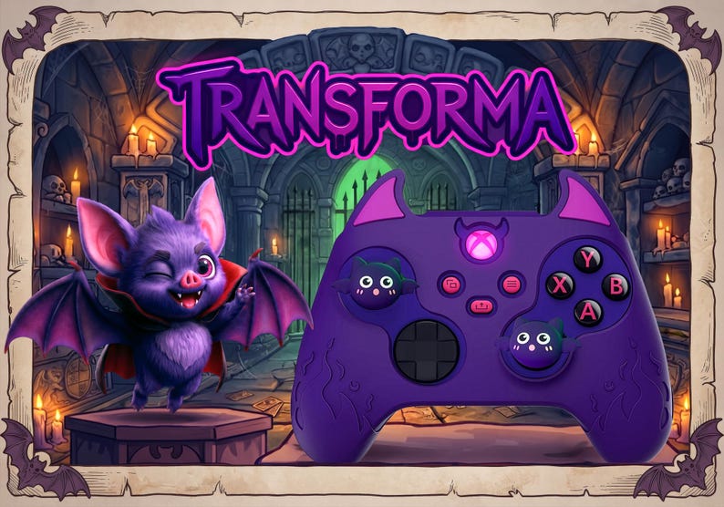 May include: A purple video game controller featuring a bat-themed design with small bat-shaped thumbstick caps, a glowing center button, and the text "TRANSFORMA" displayed above. The controller has a textured surface and a dark, gothic-inspired background.