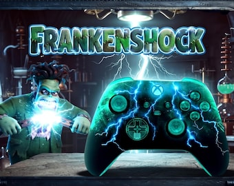 FRANKENSHOCK - Custom Xbox Controller, Transparent Turquoise Lightning Modded Gamepad for Series X/S, PC - Unique Custom-Built Gamer Gift