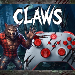 May include: A white video game controller featuring red buttons, red joysticks, and black claw mark graphics with red blood-like splatters. The word CLAWS is printed in white above a werewolf character wearing a red and black plaid shirt.