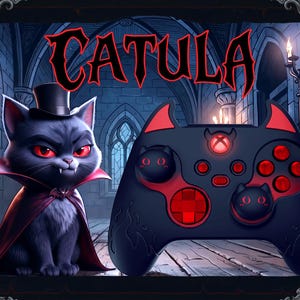 Könnte beinhalten: Ein schwarzer Videospiel-Controller mit roten Akzenten, Katzenohren-Formen und Katzenkopf-Sticks, neben einer schwarzen Katze mit Zylinder und rot gefüttertem Umhang. Das Wort CATULA ist in roter Schrift über dem Controller und der Katze zu sehen.