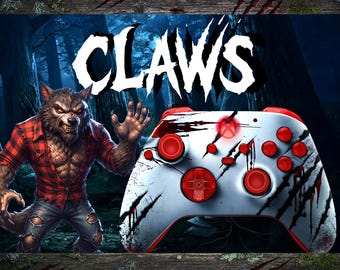 CLAWS – Individuell gestalteter Xbox-Controller, weiß/blutrotes Werwolf-Mod-Gamepad für Series X/S und PC – Einzigartiges, handgefertigtes Geschenk für Gamer