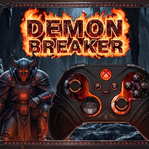 Può includere: Un controller da gioco nero con accenti di fuoco arancione sugli stick analogici e al centro, con il testo DEMON BREAKER in lettere fiammeggianti sopra una figura di guerriero in armatura scura con occhi rossi luminosi e corna in un ambiente roccioso.