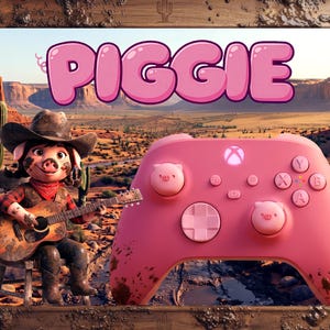 May include: A pink wireless video game controller featuring two analog sticks with pig face designs, a directional pad, and standard action buttons. The controller is set against a desert background with a pig character playing a guitar.