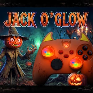May include: An orange video game controller with devil-like ears, featuring glowing pumpkin-shaped thumbsticks and a central pumpkin icon. The text JACK O'GLOW appears above a scarecrow figure with a pumpkin head in a dark, candlelit cornfield.