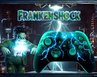 FRANKENSHOCK – Individuell gestalteter Xbox-Controller, transparentes türkisfarbenes Lightning-Gamepad für Series X/S und PC – Einzigartiges, maßgefertigtes Geschenk für Gamer