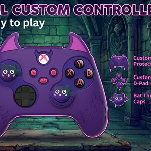 May include: A purple video game controller featuring a custom shell with bat-like ears, bat-themed thumbstick caps, and custom buttons. The text reads FULL CUSTOM CONTROLLER, Ready to play, Custom Shell + Bat Protective Case, Custom Buttons & D-Pad, and Bat Thumbstick Caps.