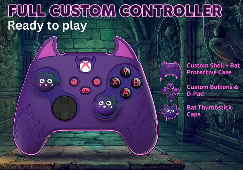 May include: A purple video game controller featuring a custom shell with bat-like ears, bat-themed thumbstick caps, and custom buttons. The text reads FULL CUSTOM CONTROLLER, Ready to play, Custom Shell + Bat Protective Case, Custom Buttons & D-Pad, and Bat Thumbstick Caps.