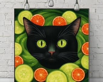 May include: A square art print featuring a black cat with bright green eyes, surrounded by slices of oranges and limes against a green background. The cat's face is centered, with a pink nose and long whiskers.