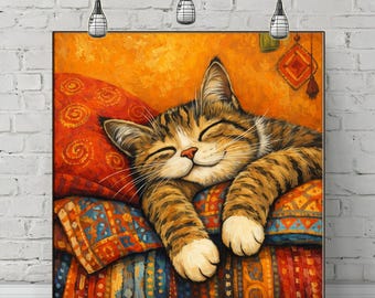 Sleeping Cat Canvas Print: Pet Lovers Wall Art for Vintage Decor