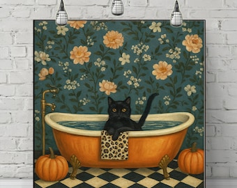 Black Cat Bathroom Canvas Print: Floral Animal Wall Art for Funny Home Decor