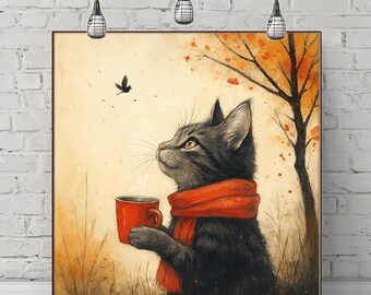 Autumn Cat Canvas Print: Winter Christmas Holiday Wall Art Decor